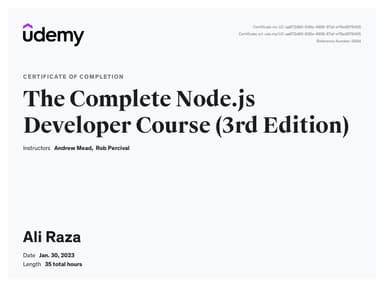 The Complete Node.js Developer Course certificate preview