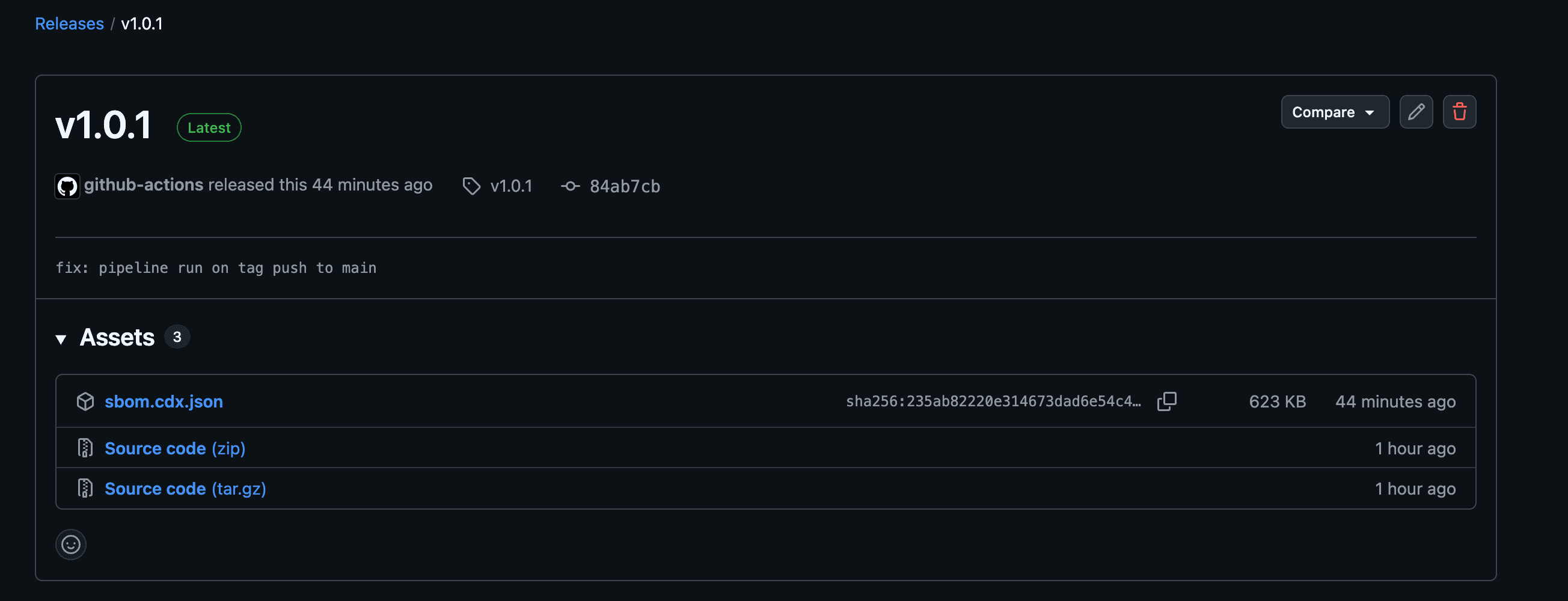 GitHub release v1.0.1 with the generated sbom.cdx.json attached as a release asset